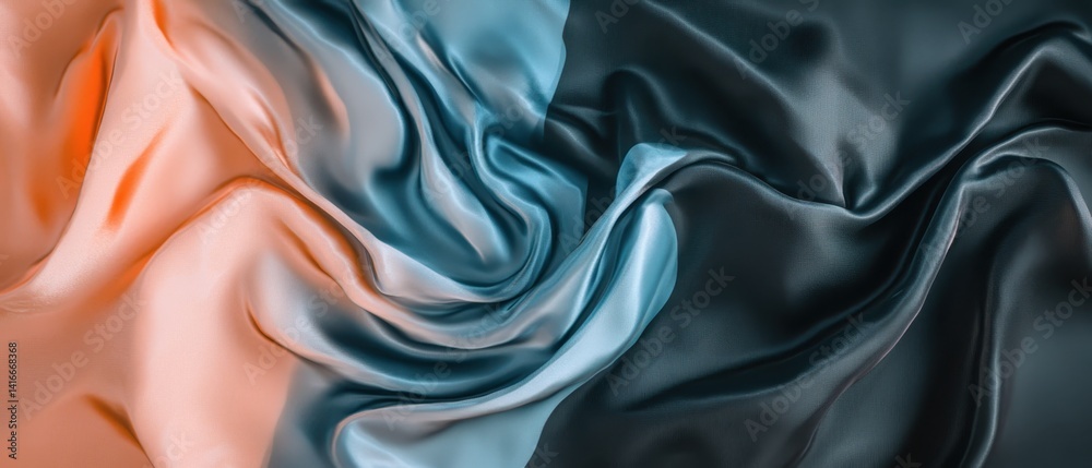 Obraz premium Silk fabric texture in shades of peach and blue, luxury clothing material, smooth textile background for fashion design and upholstery projects.