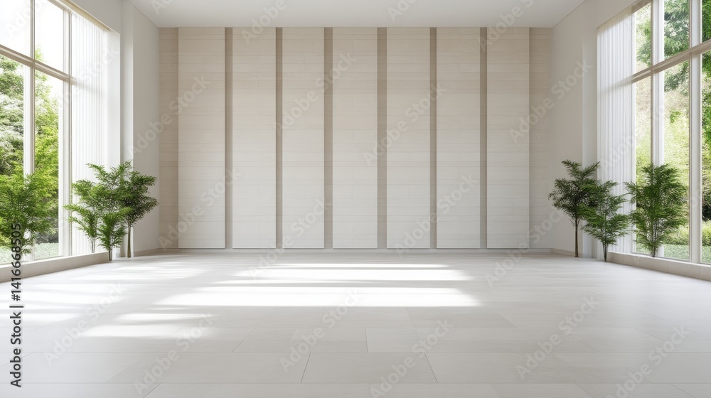 Fototapeta premium Spacious, light-filled modern room with large windows and neutral tones