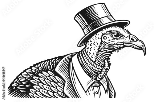 14 Anthropomorphic turkey, top hat, formal attire, waistcoat, detailed feathers, black and white illustration, engraving style, vintage aesthetic, whimsical, surreal, pen and ink drawing, fine line wo