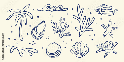 Boho summer set. Naive geometric palm tree, seashells, sun sea, wave, corals, marine icon. Tropical retro groovy surf club. Flat summer beach background. Hand draw hawaiian isolated vector illustratio