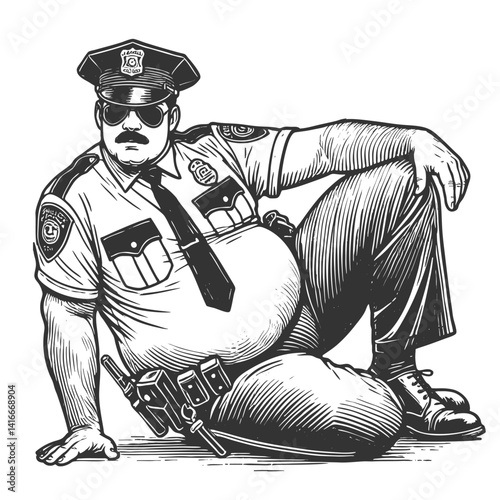 police officer sitting on the ground with sunglasses and a mustache in vintage style sketch engraving generative ai fictional character vector illustration. Scratch board imitation. Black and white.