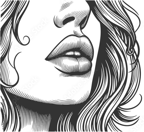 Female full lips slightly biting the lower lip, symbolizing sensuality, flirtation, expressive emotion in classic artistic detail sketch engraving generative ai vector illustration. Black and white