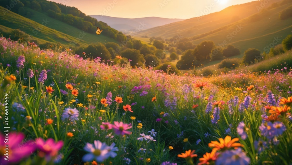Obraz premium Wildflower Meadow in Mountain Valley with Sunset Glow and Butterfly