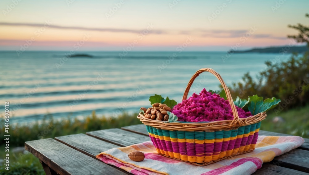 Basket of Beet Salad with Nuts at Sunset Overlooking the Ocean Basket of Beet Salad with Nuts at Sunset Overlooking the Ocean
