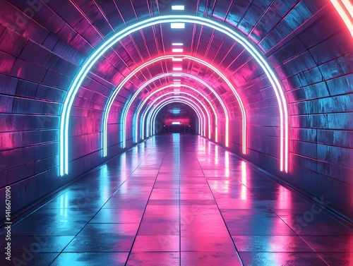Symmetrical neon tunnel with vibrant teal and magenta lighting