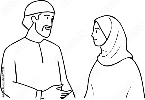 Line art of Arab man and woman with hijab having conversation on transparent background