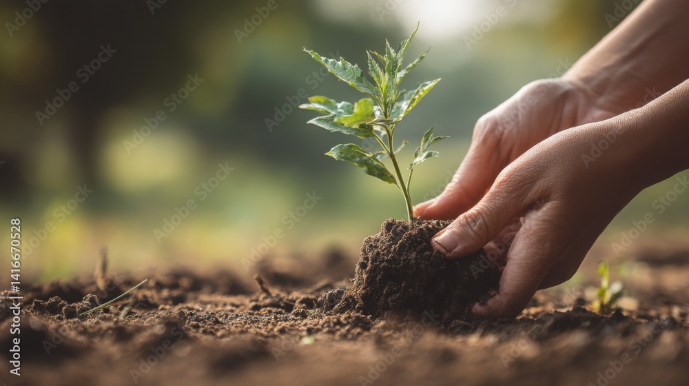 Fototapeta premium Close-up of young hands planting a seedling in healthy soil with soft morning light, blurred background with copy space on right, natural green tone