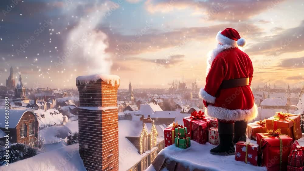 Magical christmas eve santa claus on a snowy rooftop surrounded by wrapped gifts and a chimney