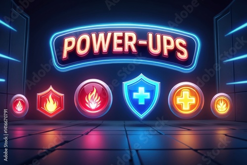 Neon power-up icons glowing on a tiled surface.