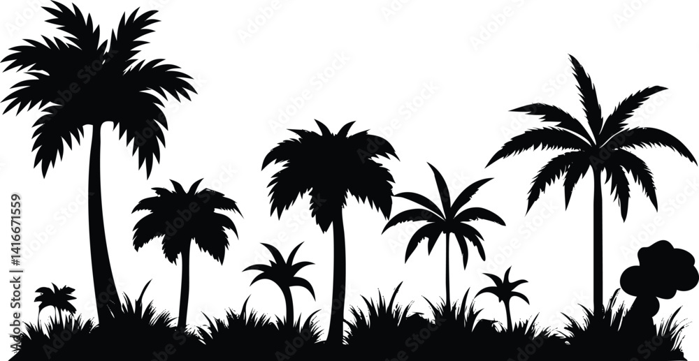 Palms Black Silhouette with Bushes on White Background Palms Black Silhouette with Bushes on White Background