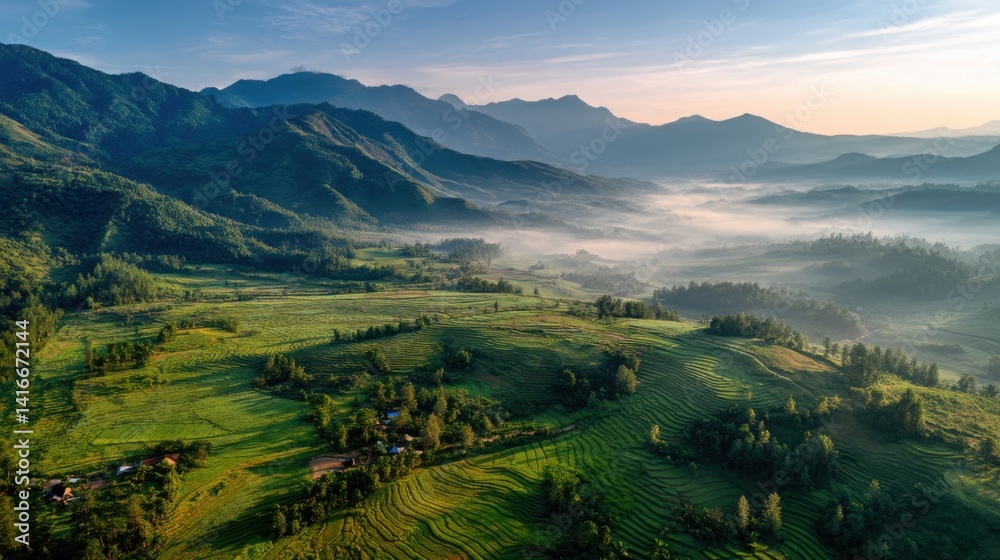 Obraz premium Aerial view of terraced farmland in mountain valley during early sunrise with blue-green mist and gentle light, peaceful and natural atmosphere