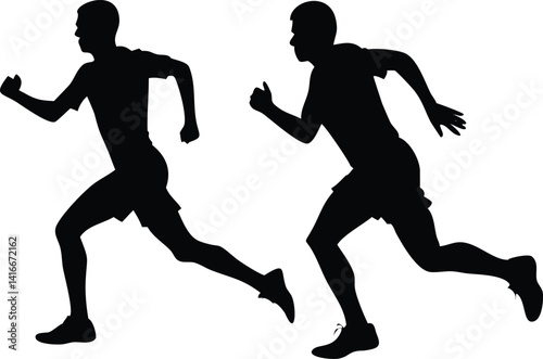 Silhouette of Two Men Running Fast on White Background, Full Body Action
