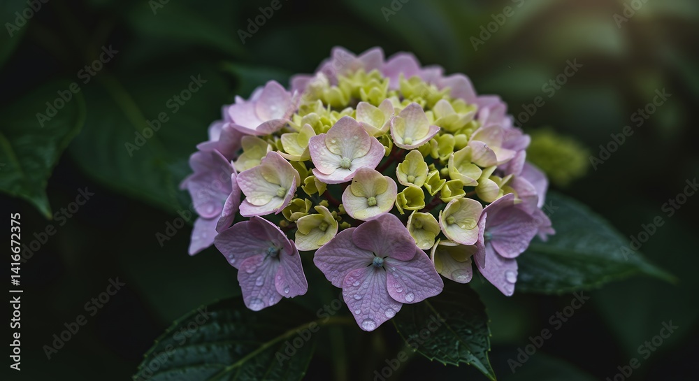 Hydrangea Flower with Water Drops Surrounded by Green Leaves Hydrangea Flower with Water Drops Surrounded by Green Leaves