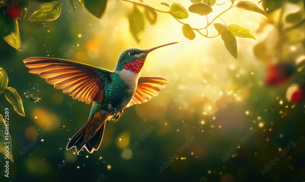 Colorful hummingbird in flight surrounded by sunlight and lush greenery Colorful hummingbird in flight surrounded by sunlight and lush greenery