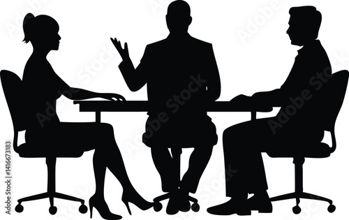 Silhouettes of three figures around table; Woman wearing heels, man gesturing