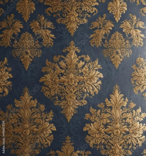 Elegant gold and blue damask floral wallpaper pattern , royal, illustration