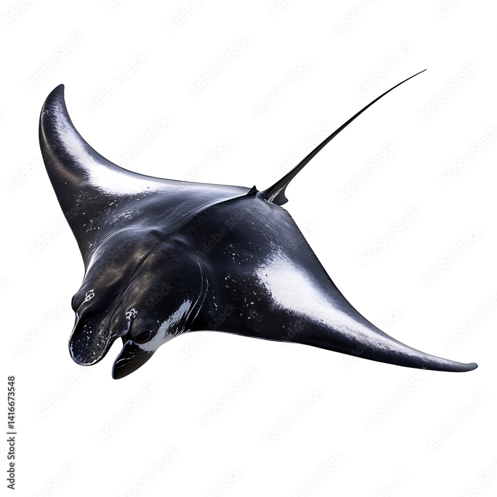 Glossy dark manta ray with wide pectoral fins a long tail and white underbelly appearing to swim forward viewed from a three-quarter angle on a transparent background