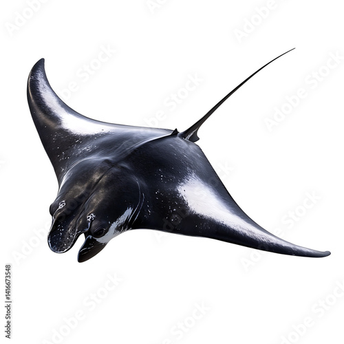 Obraz na płótnie Glossy dark manta ray with wide pectoral fins a long tail and white underbelly appearing to swim forward viewed from a three-quarter angle on a transparent background w salonie
