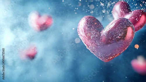 Sparkling red hearts floating in a dreamy blue atmosphere with bokeh lights and shimmering particles