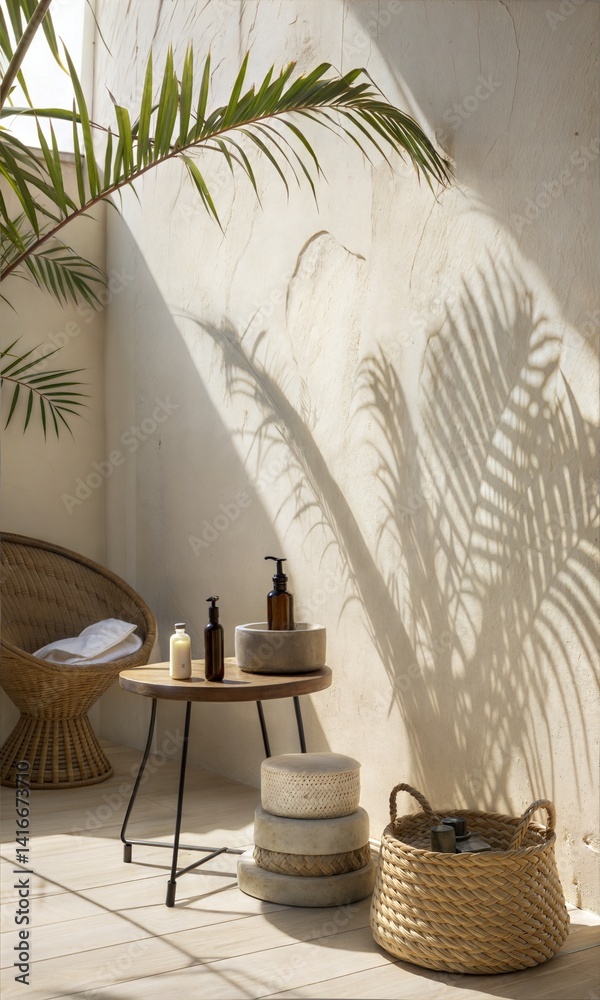 Obraz premium Minimalist Luxury Interior Product Display with Palm Shadow 