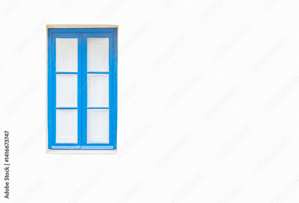 White wall with a turquoise window and white curtains behind it