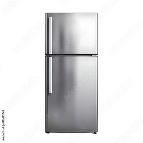 Tall stainless steel refrigerator with two vertical compartments smooth reflective finish modern handles and clean design isolated on a transparent background photo