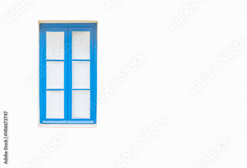 Obraz na płótnie White wall with a turquoise window and white curtains behind it w salonie