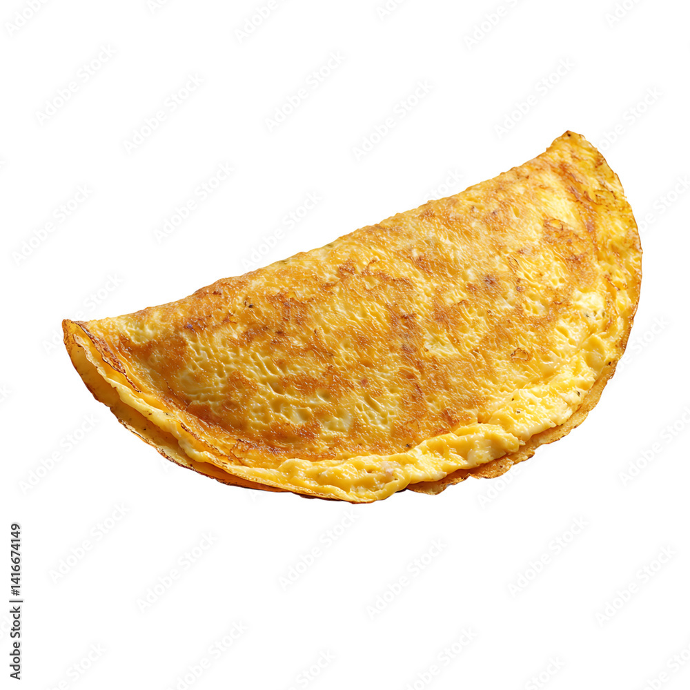 Half-moon shaped golden brown omelette with melted cheese inside crispy edges and glossy surface isolated on a transparent background