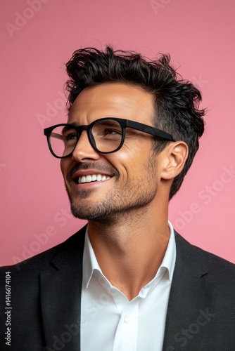 Conceptual art of style for aging men. A peaceful and radiant male in a confident pose. Pink solid background. Elegant men's side part haircut - midlife white man with black hair.