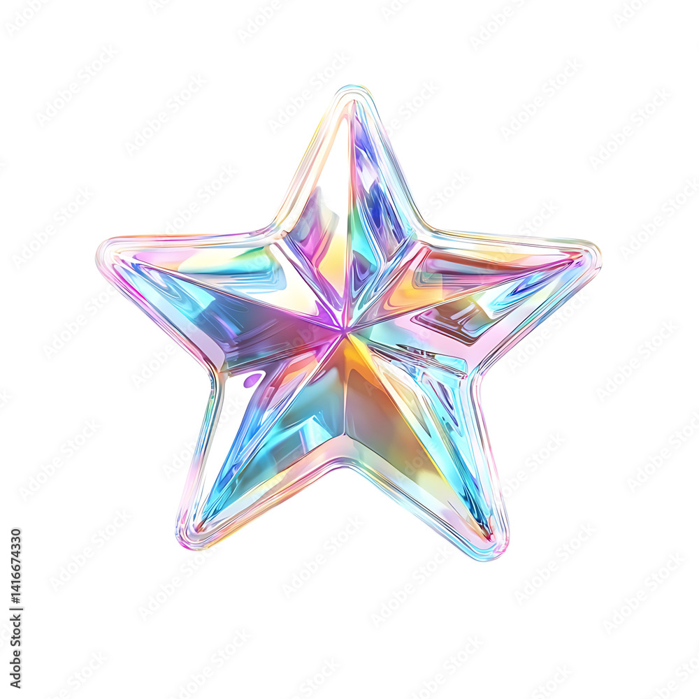Shiny iridescent holographic five-pointed star with reflective rainbow-colored surface and dimensional sculpted design isolated on a transparent background