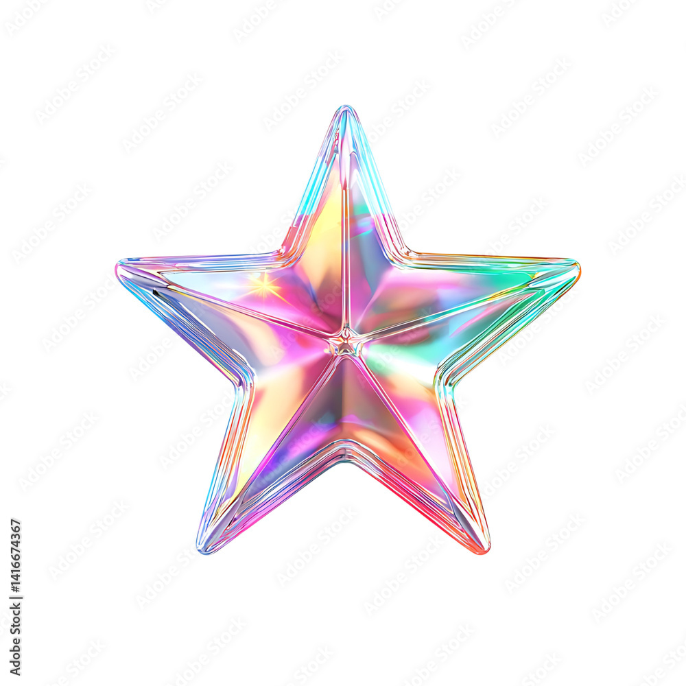 Shiny iridescent holographic five-pointed star with reflective rainbow-colored surface and dimensional sculpted design isolated on a transparent background