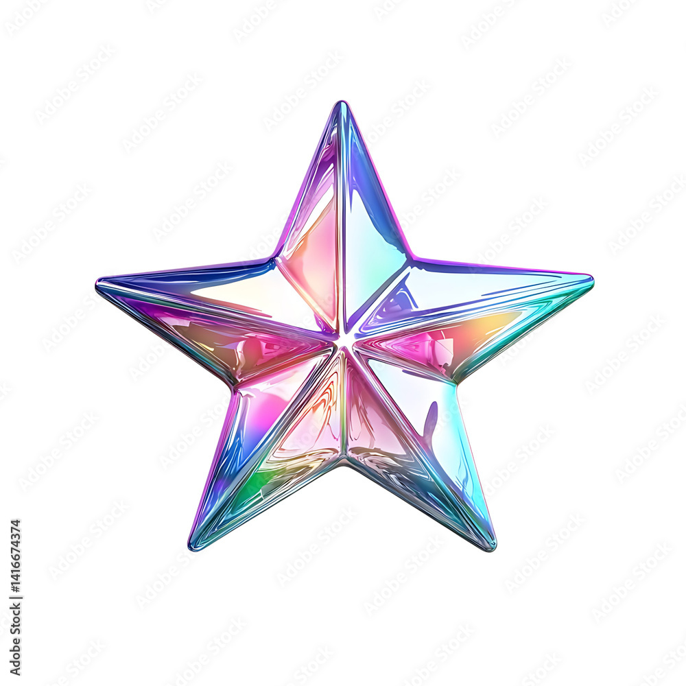 Shiny iridescent holographic five-pointed star with reflective rainbow-colored surface and dimensional sculpted design isolated on a transparent background