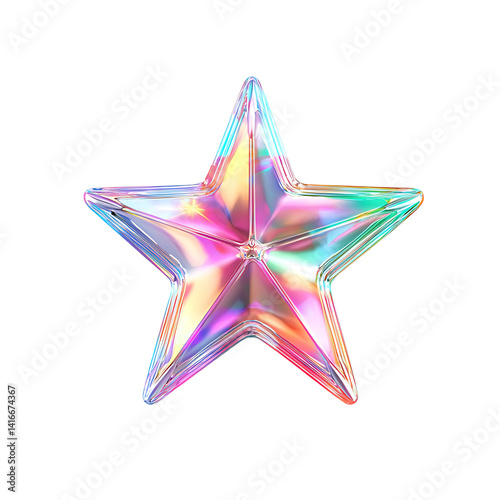 Obraz na płótnie Shiny iridescent holographic five-pointed star with reflective rainbow-colored surface and dimensional sculpted design isolated on a transparent background w salonie
