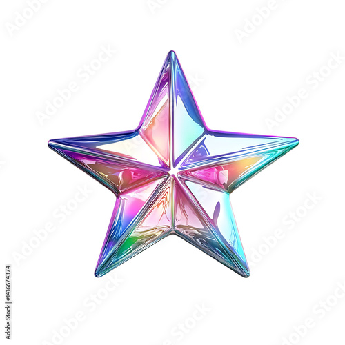 Obraz na płótnie Shiny iridescent holographic five-pointed star with reflective rainbow-colored surface and dimensional sculpted design isolated on a transparent background w salonie