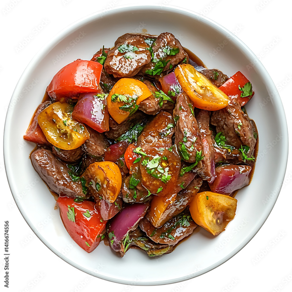 Bowl of traditional Peruvian lomo saltado with stir fried beef red onions yellow and red bell peppers and fresh cilantro on a transparent background