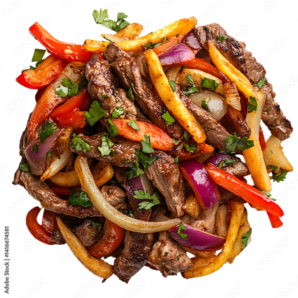 Bowl of traditional Peruvian lomo saltado with stir fried beef red onions yellow and red bell peppers and fresh cilantro on a transparent background
