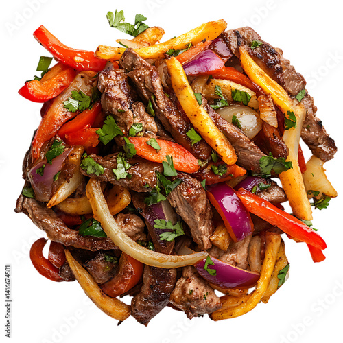 Obraz na płótnie Bowl of traditional Peruvian lomo saltado with stir fried beef red onions yellow and red bell peppers and fresh cilantro on a transparent background w salonie