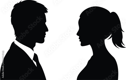 Two Profile Silhouettes African Man in Suit, Woman with Ponytail facing each other
