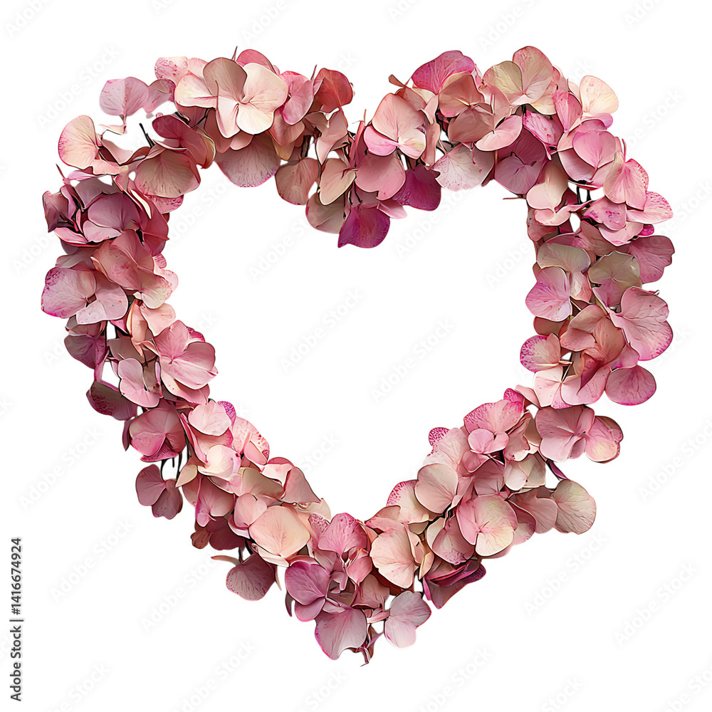 Heart-shaped garland made of pink and white folded paper hearts arranged into a looped chain design isolated on a transparent background