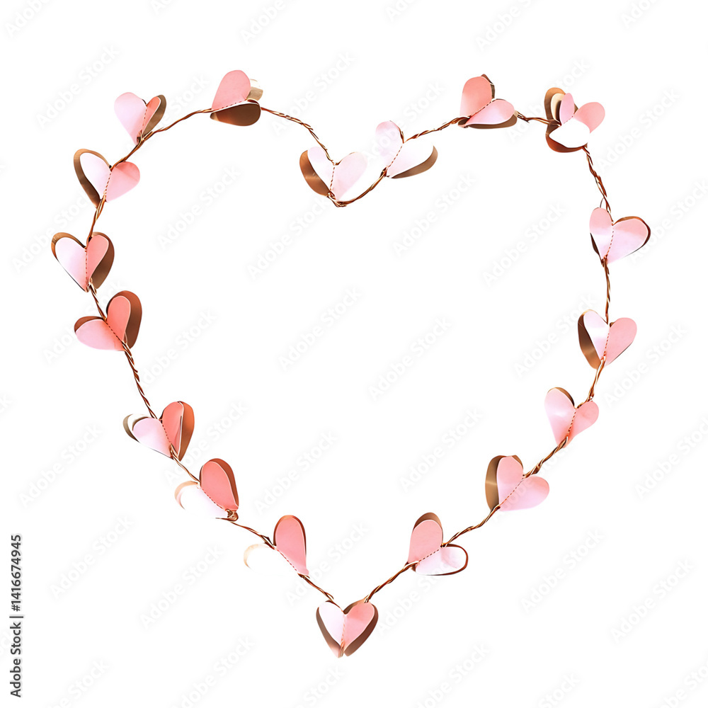 Heart-shaped garland made of pink and white folded paper hearts arranged into a looped chain design isolated on a transparent background