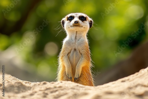 A small, curious meerkat standing on its hind legs, its head peeking above the sand.