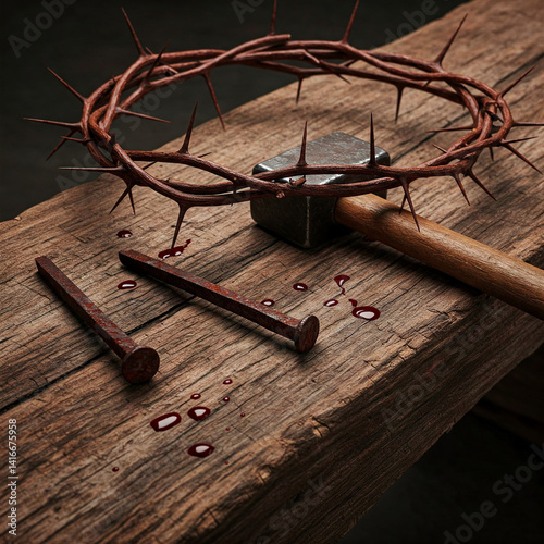 Obraz na płótnie A crown of thorns, an hammer and two large rusty nails placed on an old wooden beam on which there are a few drops of blood with which Jesus was crucified w salonie