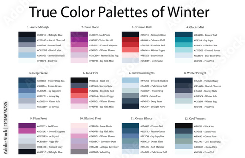 Colour Swatches Combinations 12x6 True Colors of Winter - 3d Light Soft, Muted, Pastel Tones - with HEX Codes and Names, Color Palette, Scheme, Chart