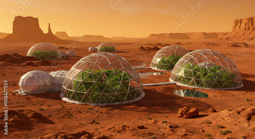 Martian Landscape with Domed Habitats and Green Plants on Red Soil Under a Desert Sky