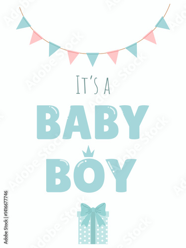 Birthday card for a little boy with a blue gift and garlands
