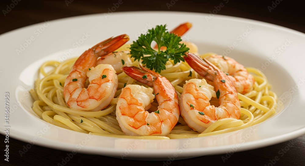 Delicious Shrimp Scampi with Linguine Pasta on Plate, Close-Up View Delicious Shrimp Scampi with Linguine Pasta on Plate, Close-Up View