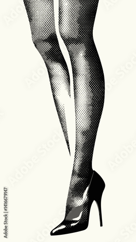 Vintage Halftone Collage of Female Legs in Heels with Grunge Punk Aesthetic