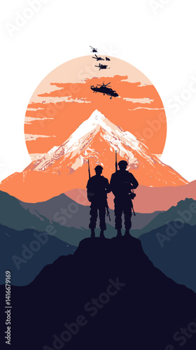 Kargil Vijay Diwas Heroic Tribute Vector Illustration with Soldiers and Mountains