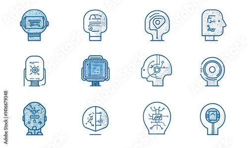 Artificial Intelligence Icon Set: Machine Learning, Robotics, Algorithms in Minimalist Style