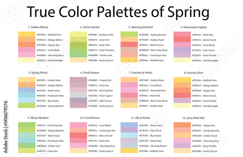 Colour Swatches Combinations 12x6 True Colors of Spring - 3d Light Soft, Muted, Pastel Tones - with HEX Codes and Names, Color Palette, Scheme, Chart